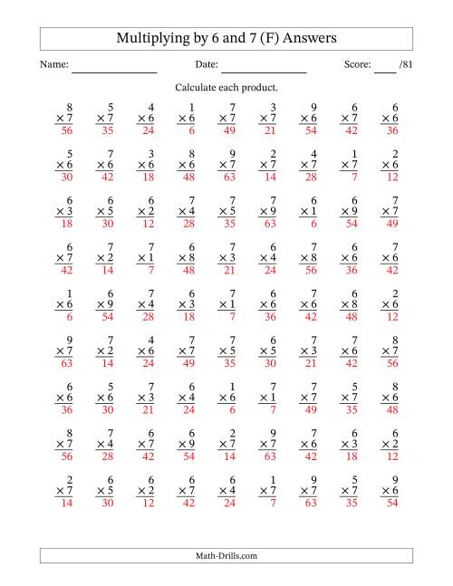 The Multiplying (1 to 9) by 6 and 7 (81 Questions) (F) Math Worksheet Page 2