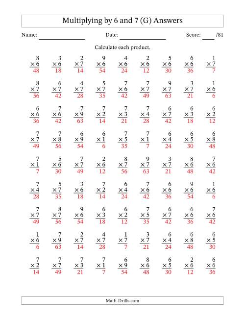 The Multiplying (1 to 9) by 6 and 7 (81 Questions) (G) Math Worksheet Page 2