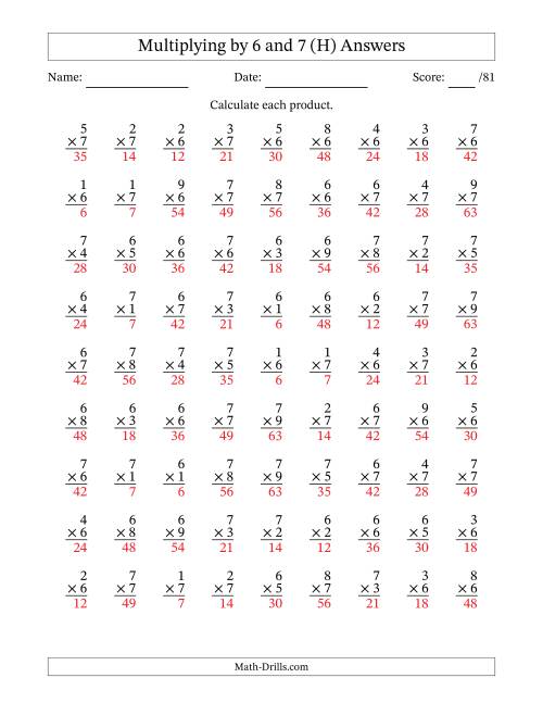 The Multiplying (1 to 9) by 6 and 7 (81 Questions) (H) Math Worksheet Page 2