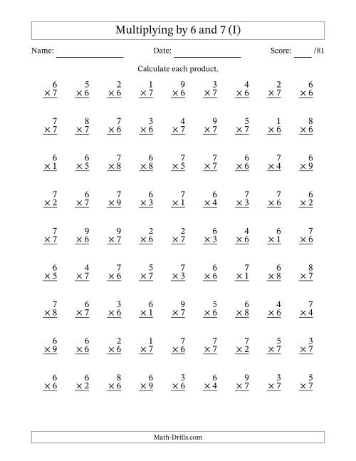 The Multiplying (1 to 9) by 6 and 7 (81 Questions) (I) Math Worksheet