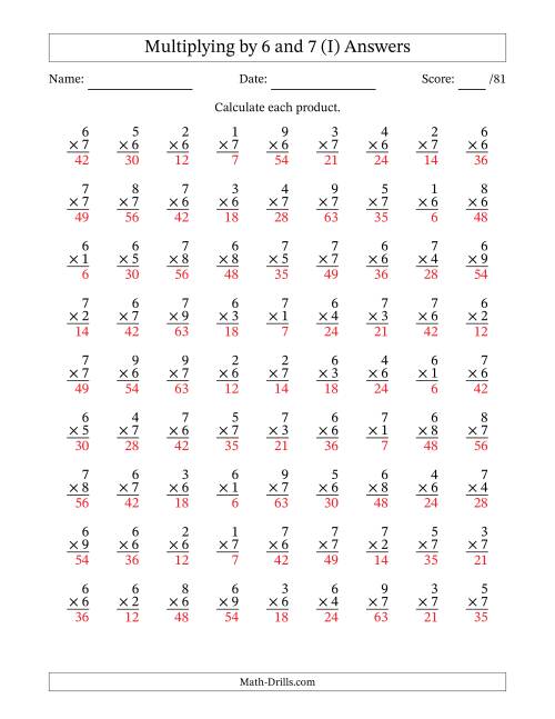 The Multiplying (1 to 9) by 6 and 7 (81 Questions) (I) Math Worksheet Page 2