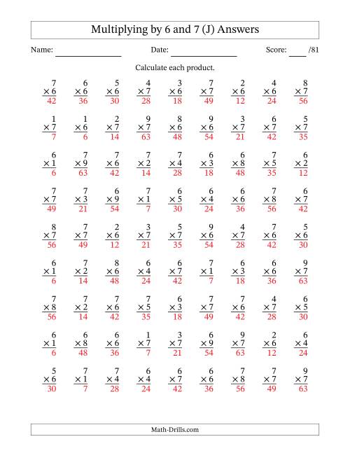 The Multiplying (1 to 9) by 6 and 7 (81 Questions) (J) Math Worksheet Page 2