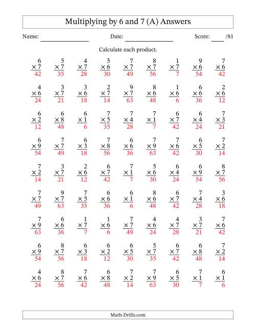 The Multiplying (1 to 9) by 6 and 7 (81 Questions) (All) Math Worksheet Page 2