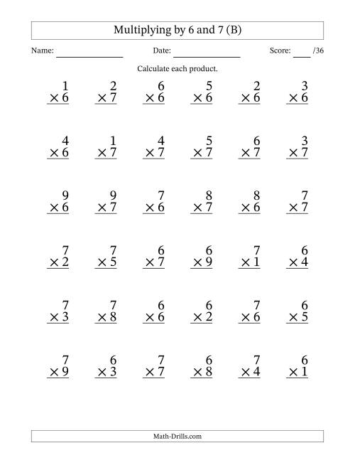 The Multiplying (1 to 9) by 6 and 7 (36 Questions) (B) Math Worksheet