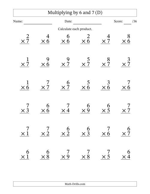 The Multiplying (1 to 9) by 6 and 7 (36 Questions) (D) Math Worksheet