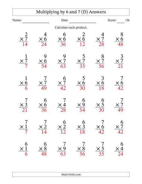The Multiplying (1 to 9) by 6 and 7 (36 Questions) (D) Math Worksheet Page 2