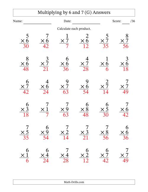 The Multiplying (1 to 9) by 6 and 7 (36 Questions) (G) Math Worksheet Page 2