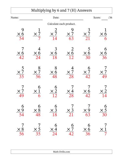 The Multiplying (1 to 9) by 6 and 7 (36 Questions) (H) Math Worksheet Page 2