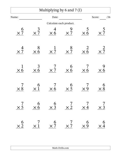The Multiplying (1 to 9) by 6 and 7 (36 Questions) (I) Math Worksheet