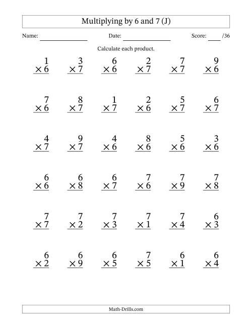 The Multiplying (1 to 9) by 6 and 7 (36 Questions) (J) Math Worksheet