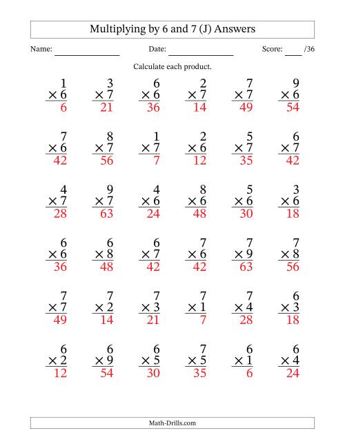 The Multiplying (1 to 9) by 6 and 7 (36 Questions) (J) Math Worksheet Page 2