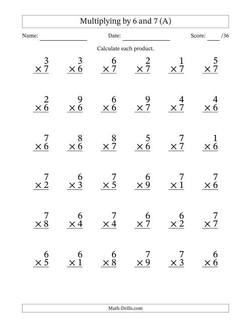 The Multiplying (1 to 9) by 6 and 7 (36 Questions) (All) Math Worksheet