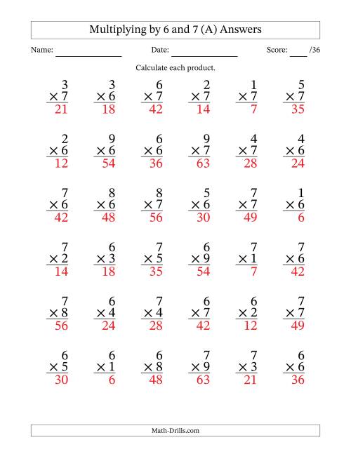 The Multiplying (1 to 9) by 6 and 7 (36 Questions) (All) Math Worksheet Page 2