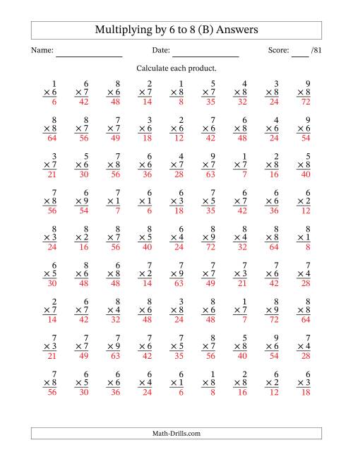 The Multiplying (1 to 9) by 6 to 8 (81 Questions) (B) Math Worksheet Page 2