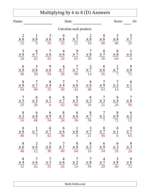 The Multiplying (1 to 9) by 6 to 8 (81 Questions) (D) Math Worksheet Page 2