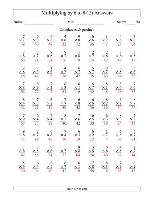The Multiplying (1 to 9) by 6 to 8 (81 Questions) (E) Math Worksheet Page 2
