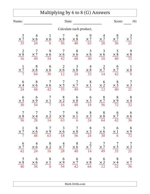 The Multiplying (1 to 9) by 6 to 8 (81 Questions) (G) Math Worksheet Page 2