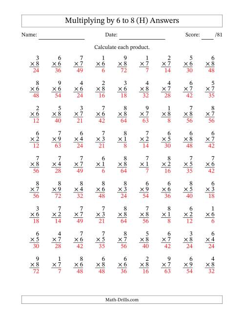 The Multiplying (1 to 9) by 6 to 8 (81 Questions) (H) Math Worksheet Page 2
