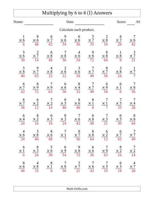 The Multiplying (1 to 9) by 6 to 8 (81 Questions) (I) Math Worksheet Page 2