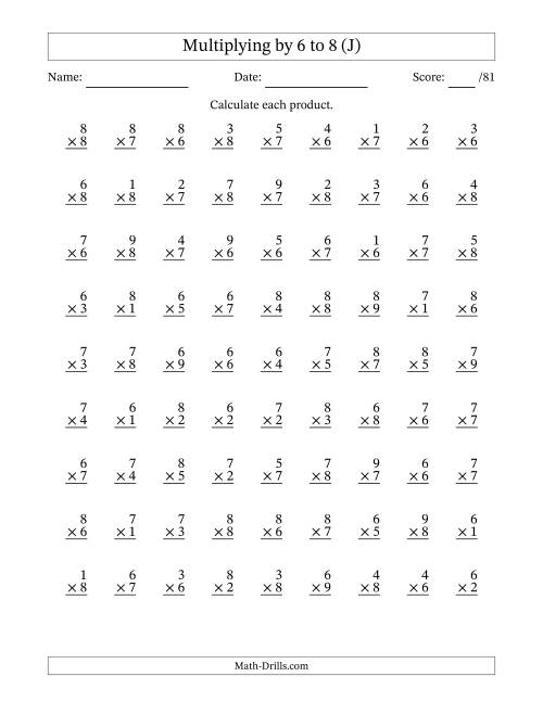 The Multiplying (1 to 9) by 6 to 8 (81 Questions) (J) Math Worksheet