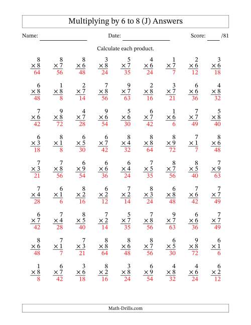 The Multiplying (1 to 9) by 6 to 8 (81 Questions) (J) Math Worksheet Page 2