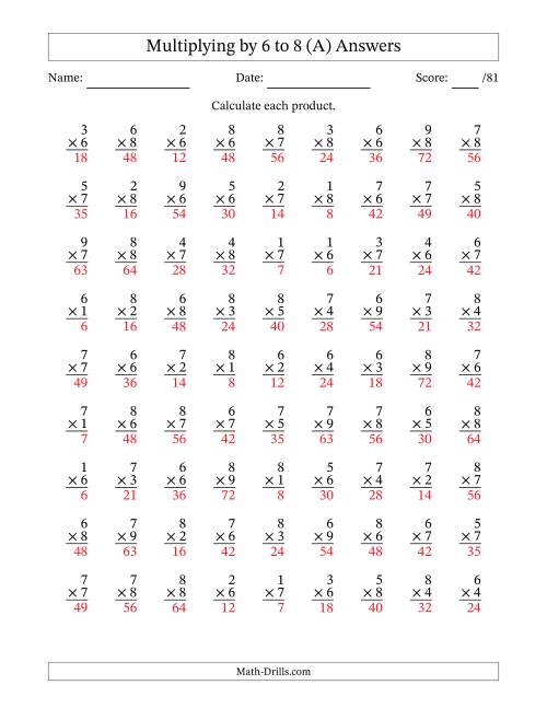 The Multiplying (1 to 9) by 6 to 8 (81 Questions) (All) Math Worksheet Page 2