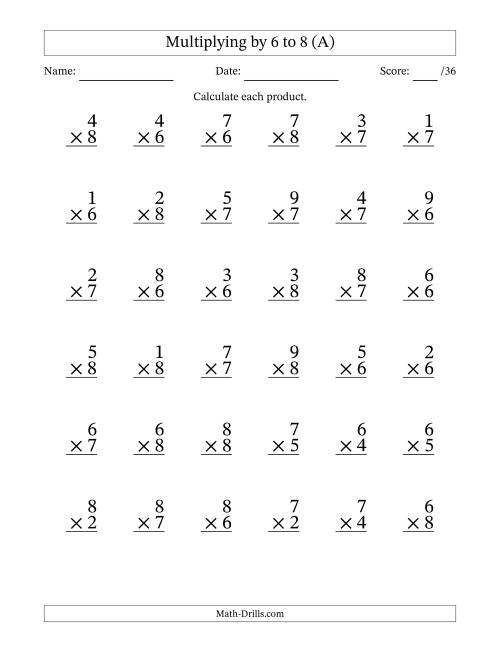 The Multiplying (1 to 9) by 6 to 8 (36 Questions) (A) Math Worksheet