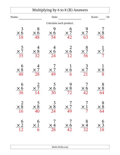 The Multiplying (1 to 9) by 6 to 8 (36 Questions) (B) Math Worksheet Page 2