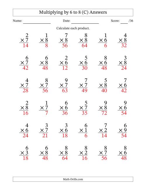 The Multiplying (1 to 9) by 6 to 8 (36 Questions) (C) Math Worksheet Page 2