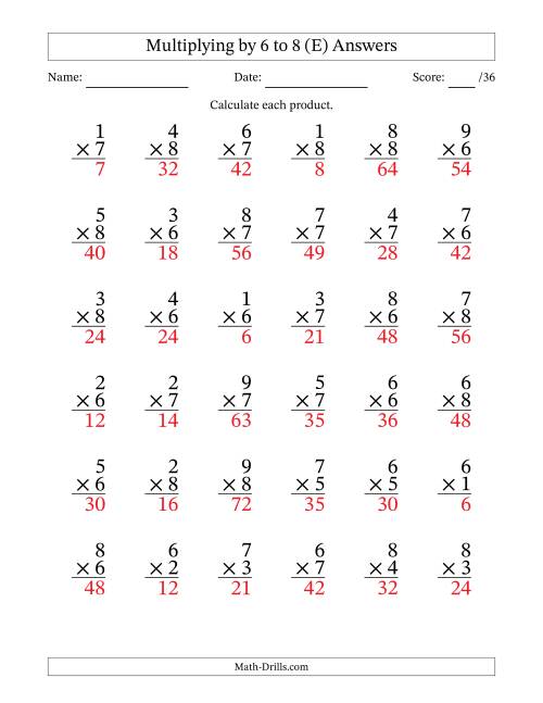 The Multiplying (1 to 9) by 6 to 8 (36 Questions) (E) Math Worksheet Page 2