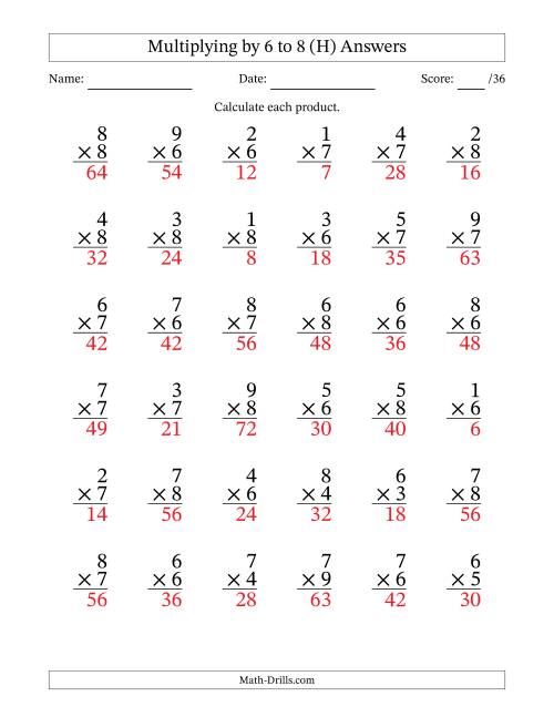 The Multiplying (1 to 9) by 6 to 8 (36 Questions) (H) Math Worksheet Page 2