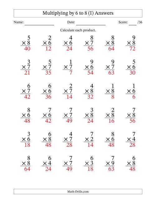 The Multiplying (1 to 9) by 6 to 8 (36 Questions) (I) Math Worksheet Page 2