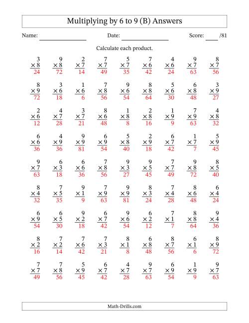 The Multiplying (1 to 9) by 6 to 9 (81 Questions) (B) Math Worksheet Page 2