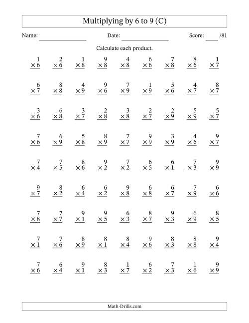 The Multiplying (1 to 9) by 6 to 9 (81 Questions) (C) Math Worksheet