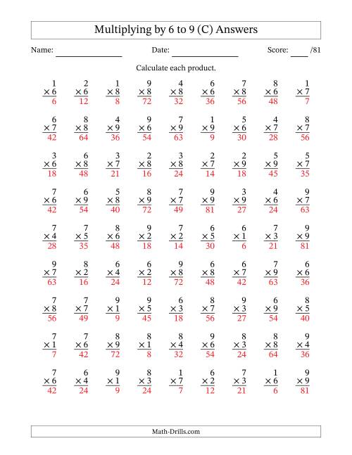 The Multiplying (1 to 9) by 6 to 9 (81 Questions) (C) Math Worksheet Page 2