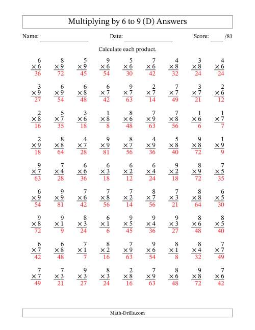 The Multiplying (1 to 9) by 6 to 9 (81 Questions) (D) Math Worksheet Page 2