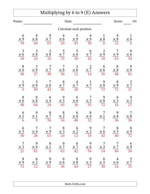 The Multiplying (1 to 9) by 6 to 9 (81 Questions) (E) Math Worksheet Page 2