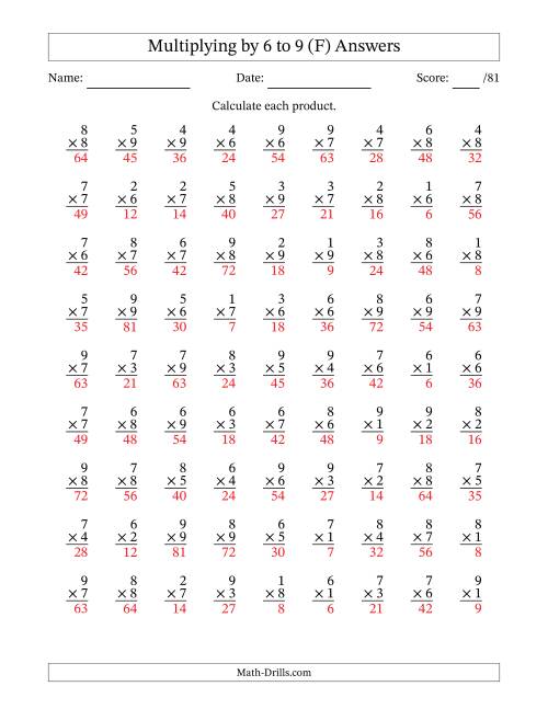 The Multiplying (1 to 9) by 6 to 9 (81 Questions) (F) Math Worksheet Page 2