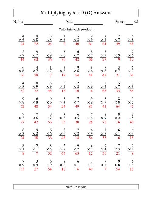 The Multiplying (1 to 9) by 6 to 9 (81 Questions) (G) Math Worksheet Page 2