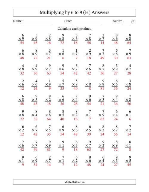 The Multiplying (1 to 9) by 6 to 9 (81 Questions) (H) Math Worksheet Page 2