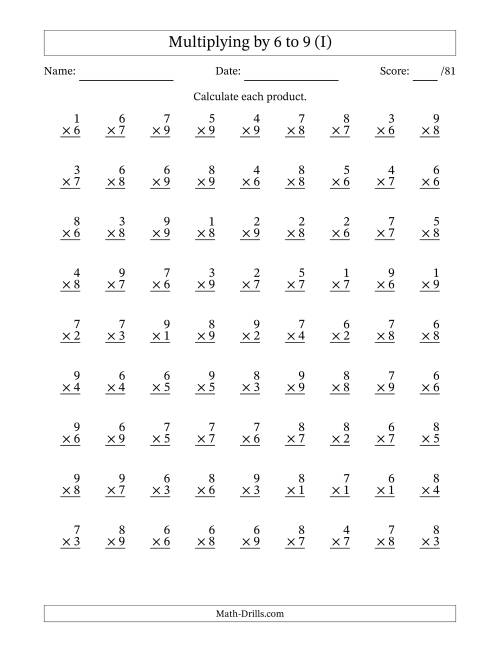 The Multiplying (1 to 9) by 6 to 9 (81 Questions) (I) Math Worksheet