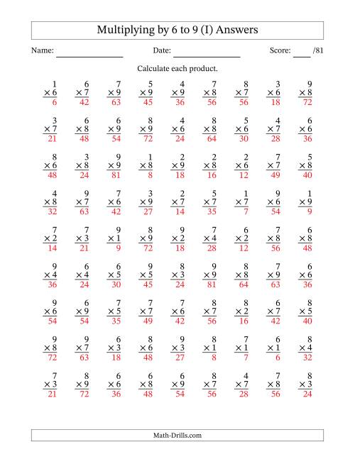 The Multiplying (1 to 9) by 6 to 9 (81 Questions) (I) Math Worksheet Page 2