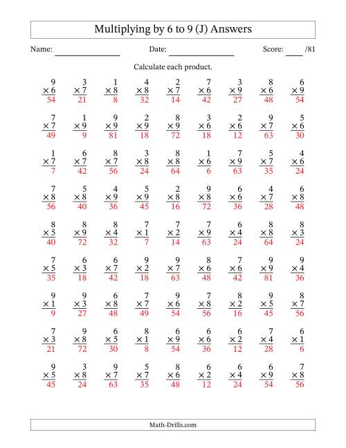 The Multiplying (1 to 9) by 6 to 9 (81 Questions) (J) Math Worksheet Page 2