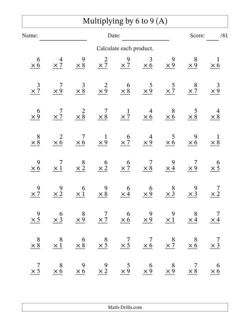 The Multiplying (1 to 9) by 6 to 9 (81 Questions) (All) Math Worksheet