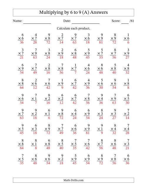 The Multiplying (1 to 9) by 6 to 9 (81 Questions) (All) Math Worksheet Page 2