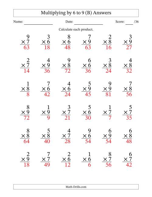 The Multiplying (1 to 9) by 6 to 9 (36 Questions) (B) Math Worksheet Page 2