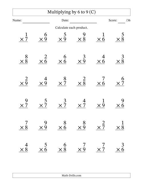 The Multiplying (1 to 9) by 6 to 9 (36 Questions) (C) Math Worksheet
