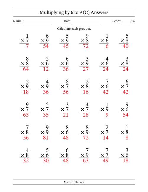 The Multiplying (1 to 9) by 6 to 9 (36 Questions) (C) Math Worksheet Page 2