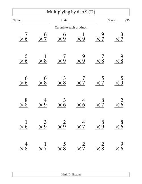 The Multiplying (1 to 9) by 6 to 9 (36 Questions) (D) Math Worksheet