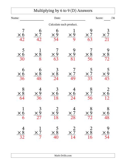 The Multiplying (1 to 9) by 6 to 9 (36 Questions) (D) Math Worksheet Page 2